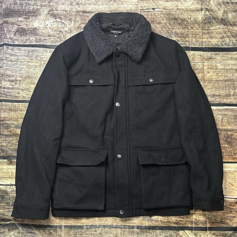 Kenneth Cole Pea Coat Jacket Mens Medium Sherpa Wool Snap